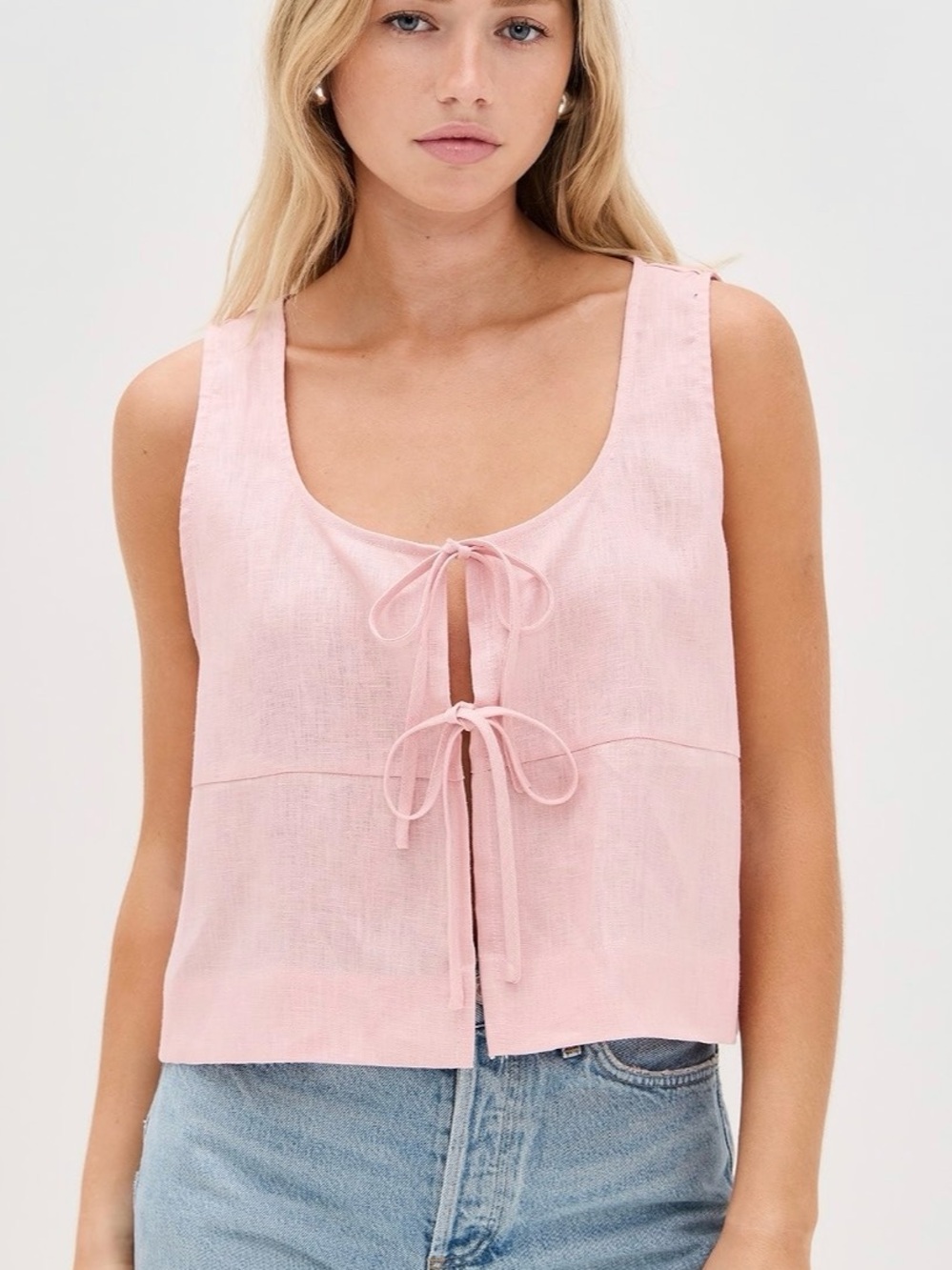 VRG GRL Nessa Linen Smock Top Pink Medium M 100% Linen Tie Front